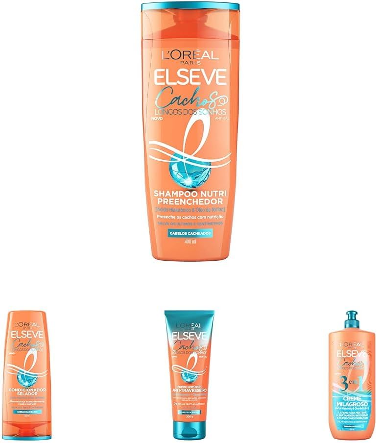 Kit L'Oréal Paris Elseve Cachos Longos Dos Sonhos: Shampoo 400Ml + Condicionador 400ml + Creme Noturno 200Ml + Creme Milagroso 3 Em 1 500Ml