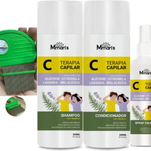 Kit M Mari's Terapia Capilar Combate Piolhos e Lêndeas Pente Fino de Ferro Aço Inox Shampoo Condicionador Spray Creme de Pentear Sem Enxague Pente Piolhos Cor Verde